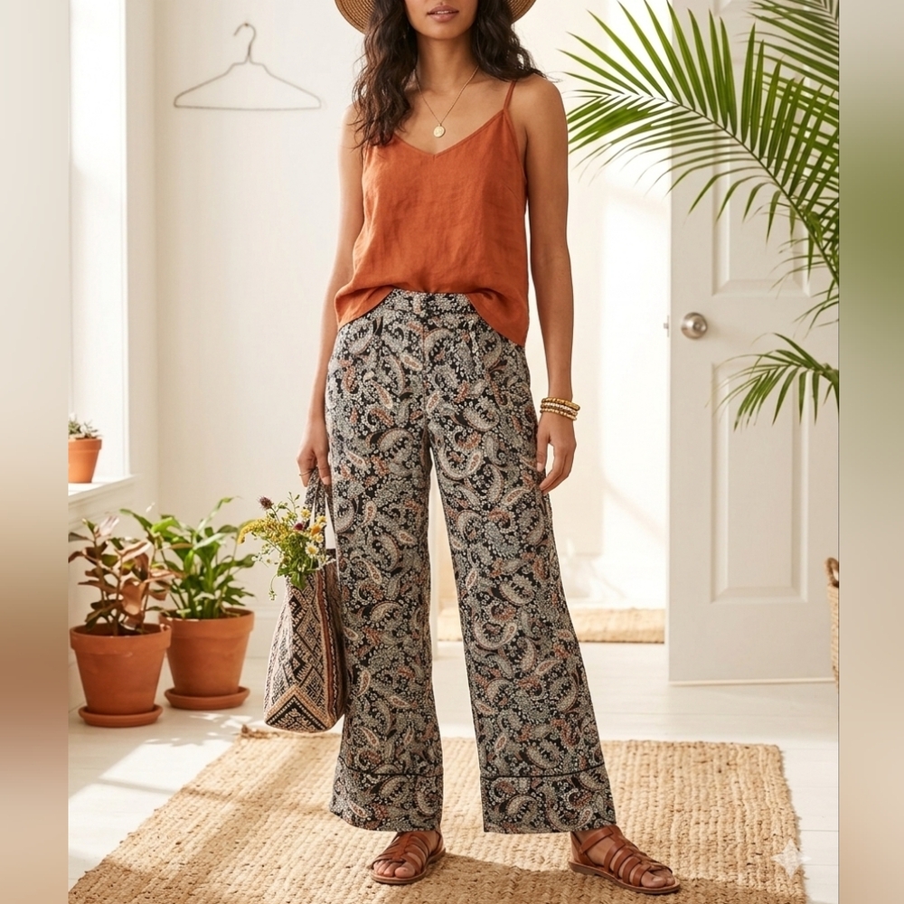 Womens Paisley Print Wide Leg Pants Size 4P  Colorful Beach Relaxed